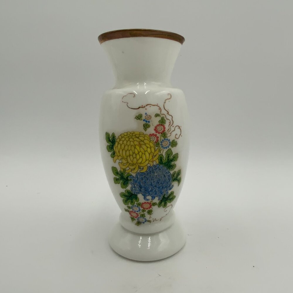 VTG Enesco Milk Glass Blue & Yellow Floral Vase w Gold Trim 7"
